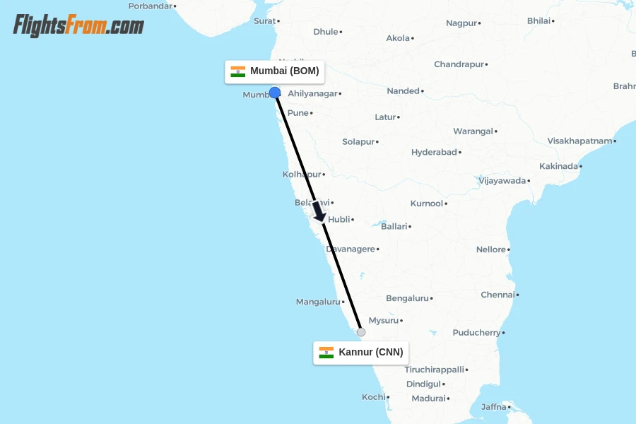 Flights from Mumbai to Kannur route map