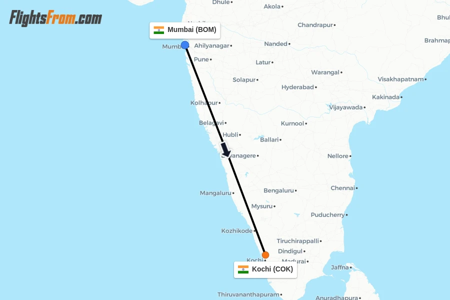 Flights from Mumbai to Kochi route map