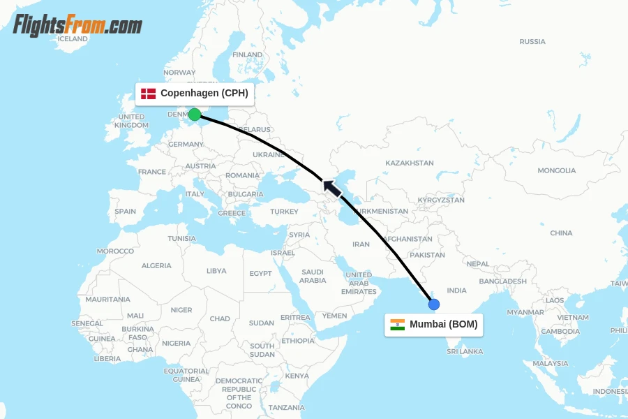 Flights from Mumbai to Copenhagen route map
