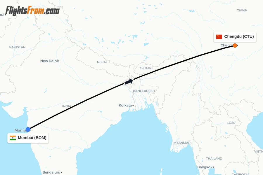 Flights from Mumbai to Chengdu route map