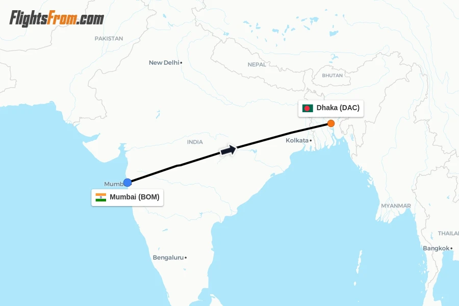 Flights from Mumbai to Dhaka route map