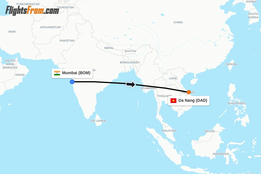 Flights from Mumbai to Da Nang route map