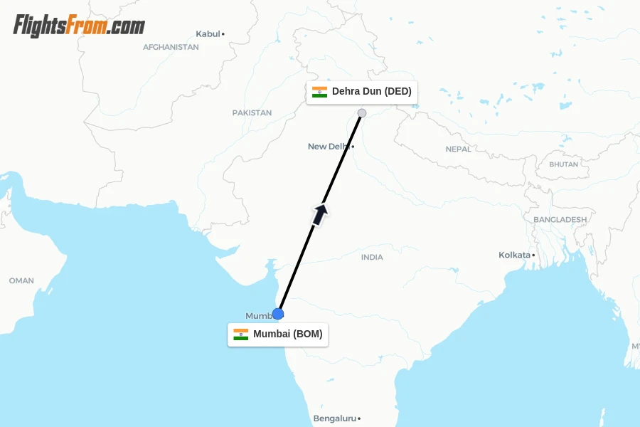 Flights from Mumbai to Dehra Dun route map