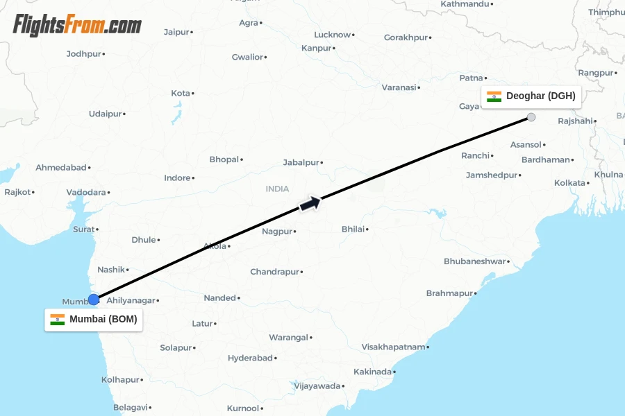 Flights from Mumbai to Deoghar route map
