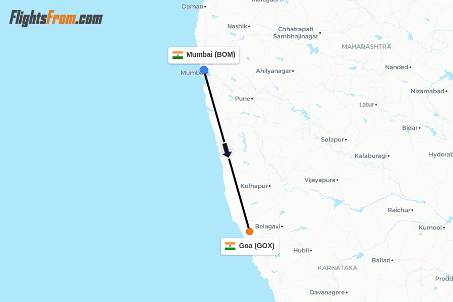 Flights from Mumbai to Goa route map