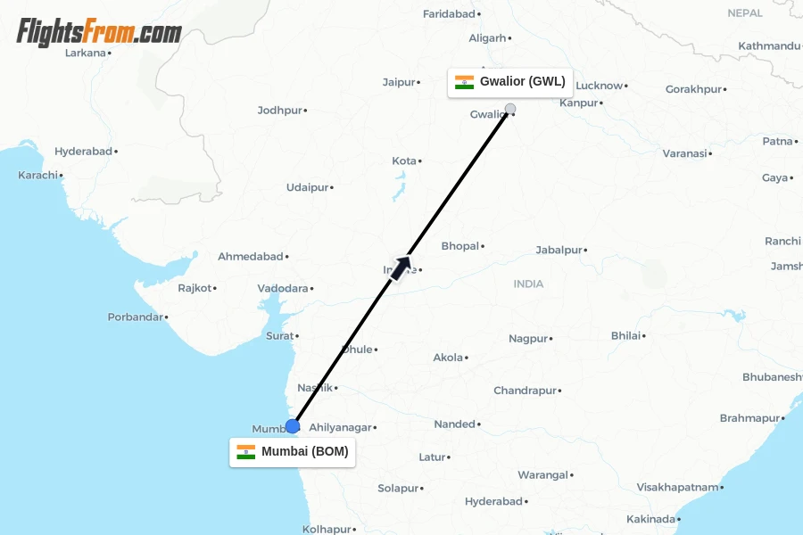 Flights from Mumbai to Gwalior route map