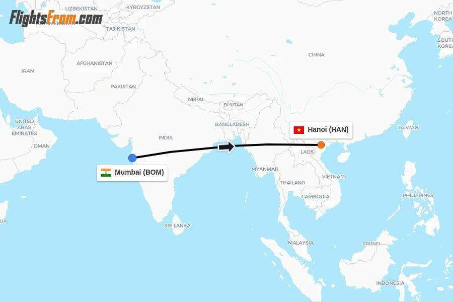 Flights from Mumbai to Hanoi route map