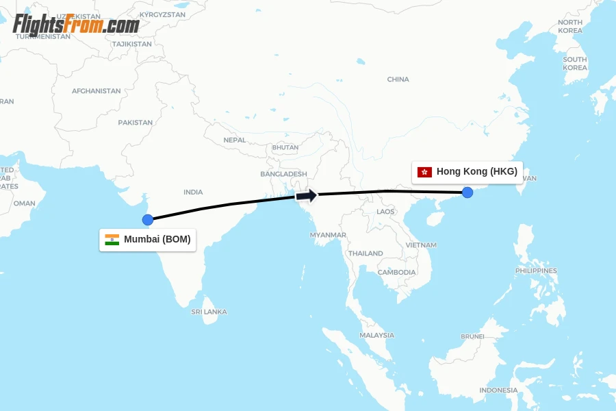 Flights from Mumbai to Hong Kong route map