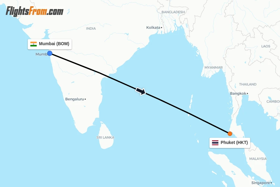 Flights from Mumbai to Phuket route map
