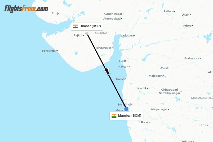 Flights from Mumbai to Hirasar route map