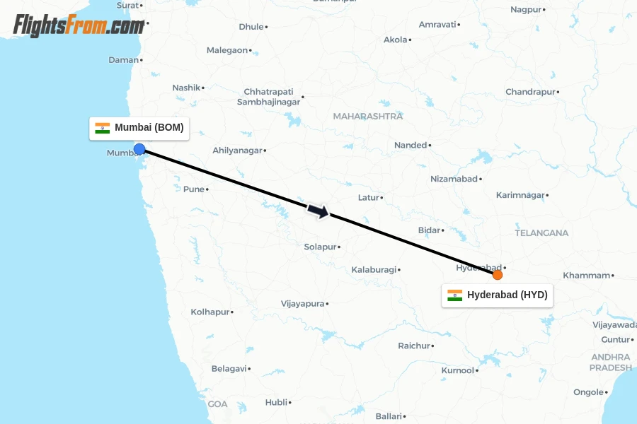 Flights from Mumbai to Hyderabad route map