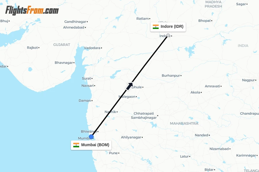 Flights from Mumbai to Indore route map