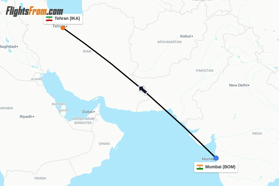 Flights from Mumbai to Tehran route map
