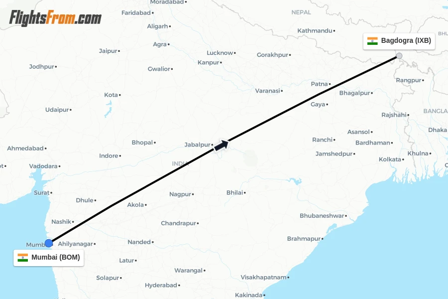 Flights from Mumbai to Bagdogra route map