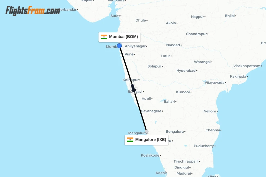 Flights from Mumbai to Mangalore route map