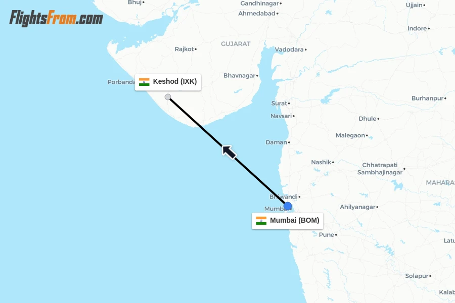 Flights from Mumbai to Keshod route map