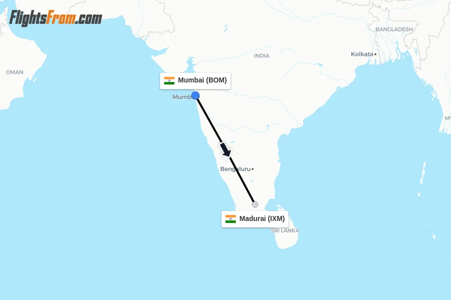 Flights from Mumbai to Madurai route map