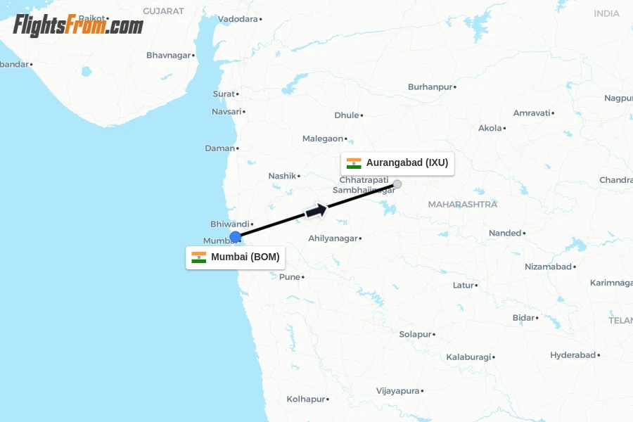 Flights from Mumbai to Aurangabad route map