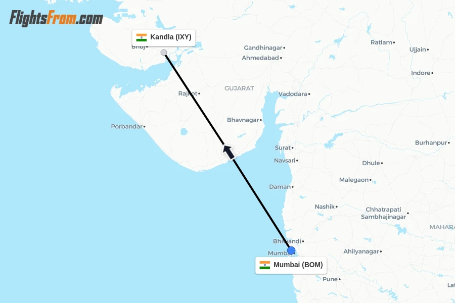 Flights from Mumbai to Kandla route map