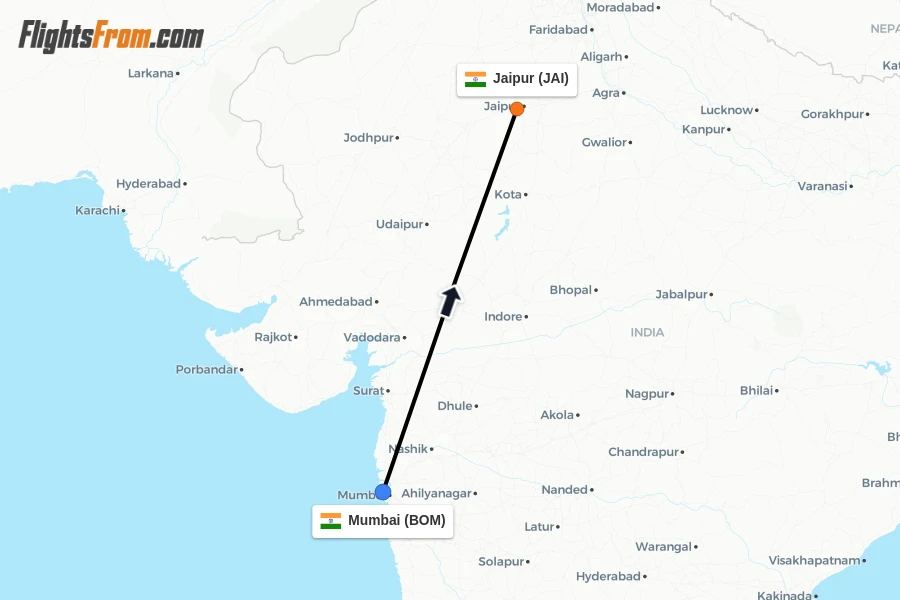 Flights from Mumbai to Jaipur route map