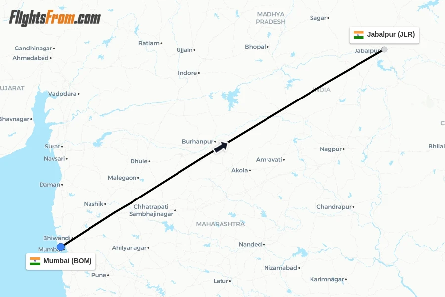 Flights from Mumbai to Jabalpur route map