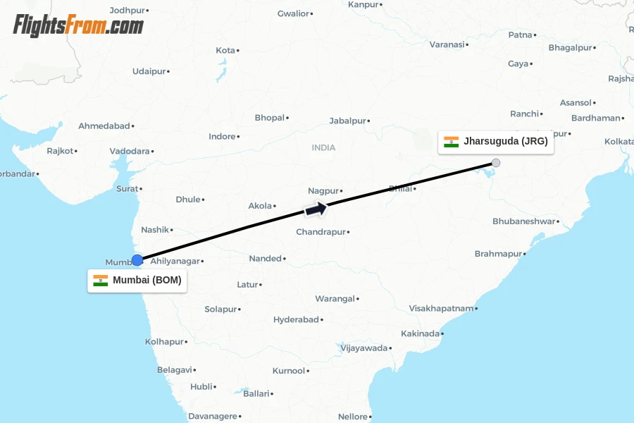 Flights from Mumbai to Jharsuguda route map