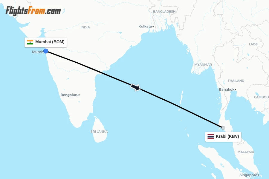 Flights from Mumbai to Krabi route map