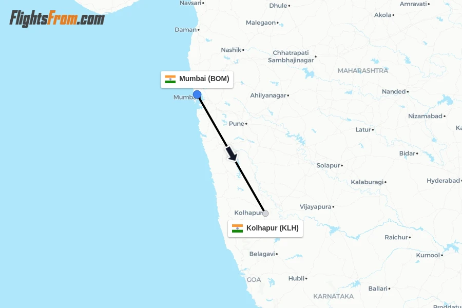 Flights from Mumbai to Kolhapur route map