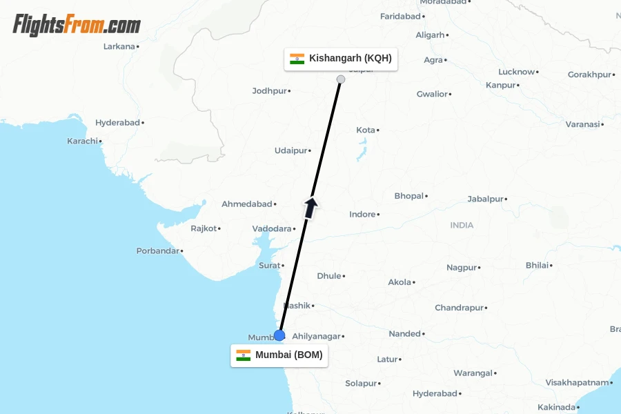 Flights from Mumbai to Kishangarh route map