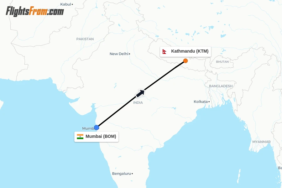 Flights from Mumbai to Kathmandu route map