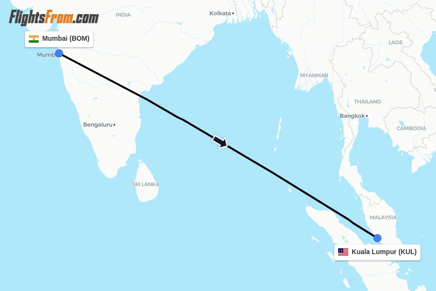 Flights from Mumbai to Kuala Lumpur route map