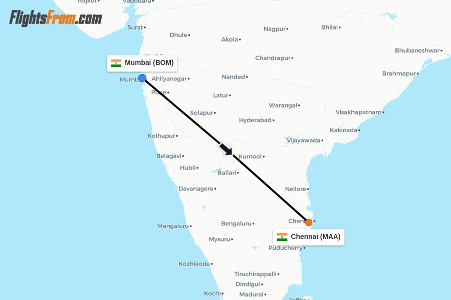 Flights from Mumbai to Chennai route map