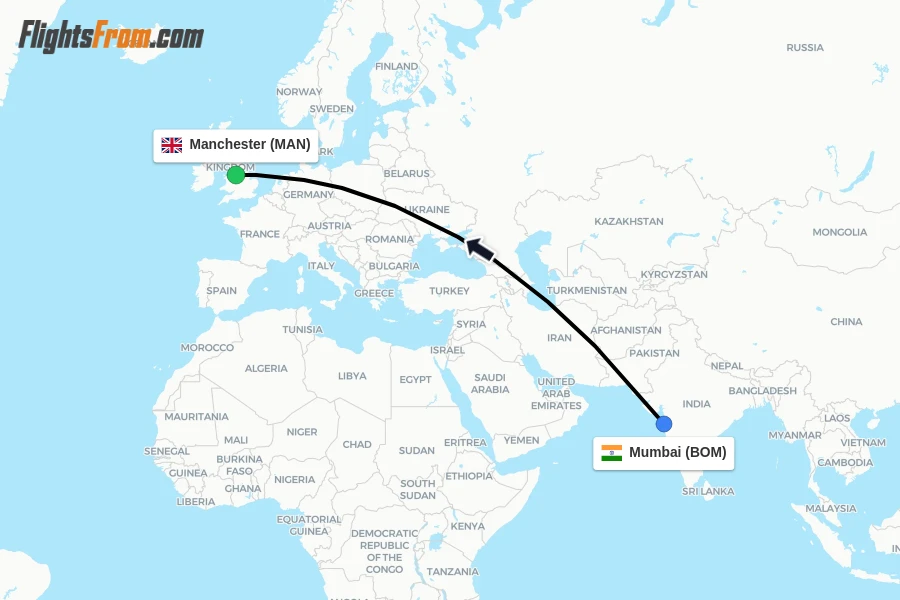 Flights from Mumbai to Manchester route map