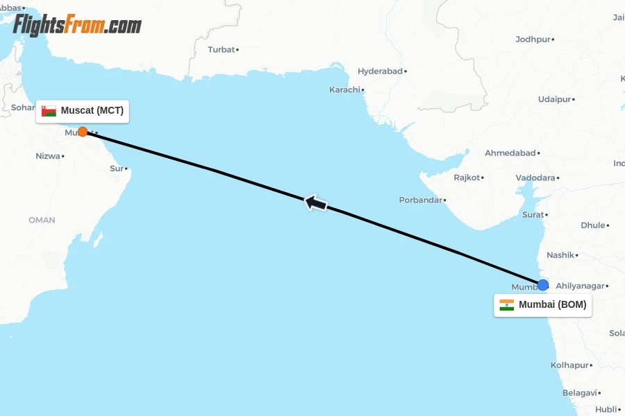 Flights from Mumbai to Muscat route map
