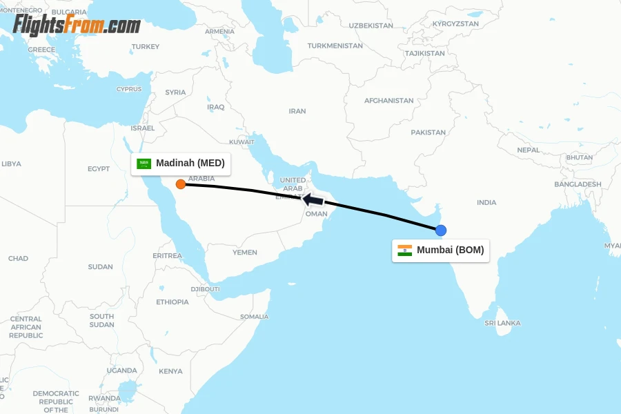 Flights from Mumbai to Madinah route map