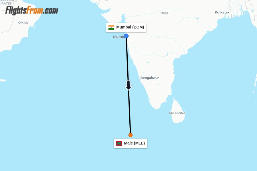 Flights from Mumbai to Male route map