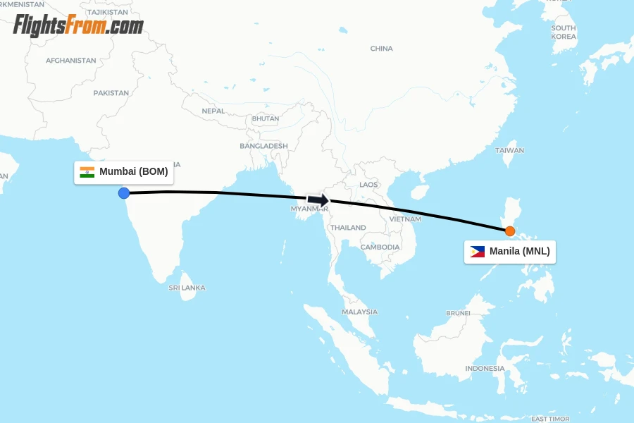 Flights from Mumbai to Manila route map