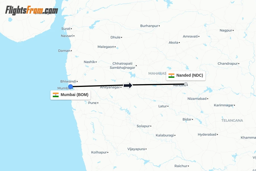 Flights from Mumbai to Nanded route map