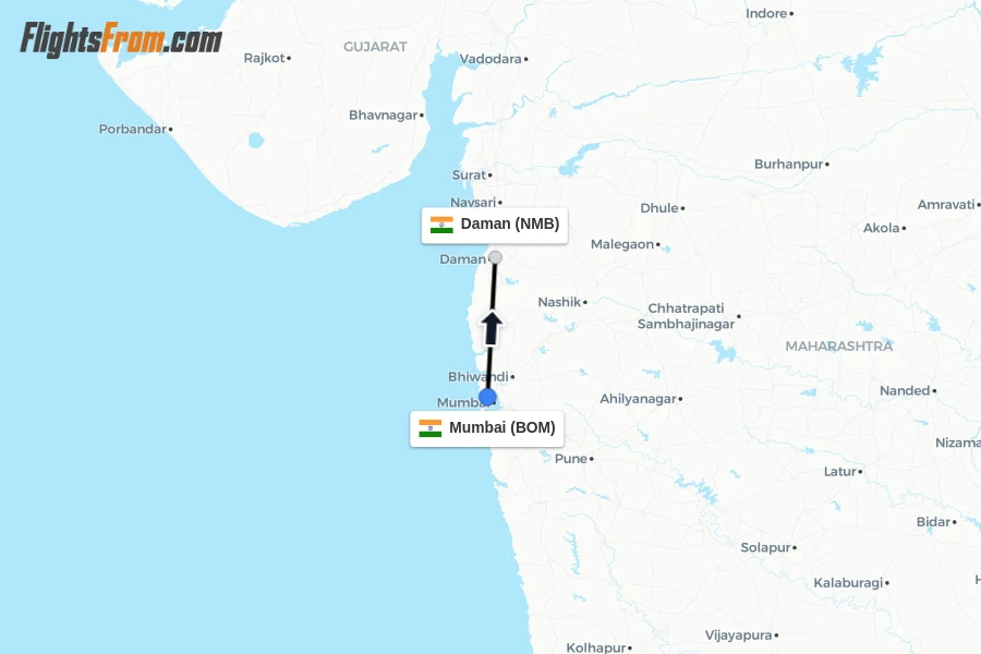 Flights from Mumbai to Daman route map