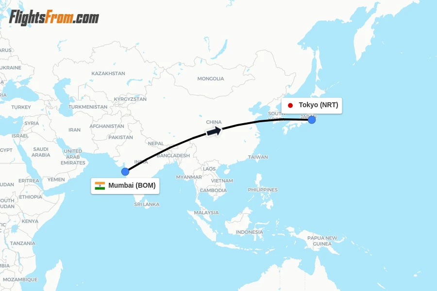 Flights from Mumbai to Tokyo route map