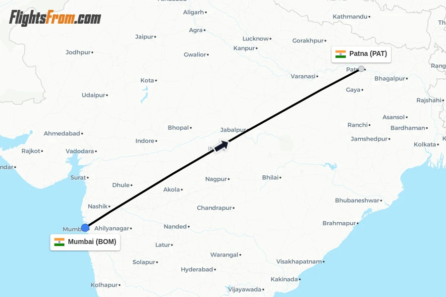 Flights from Mumbai to Patna route map