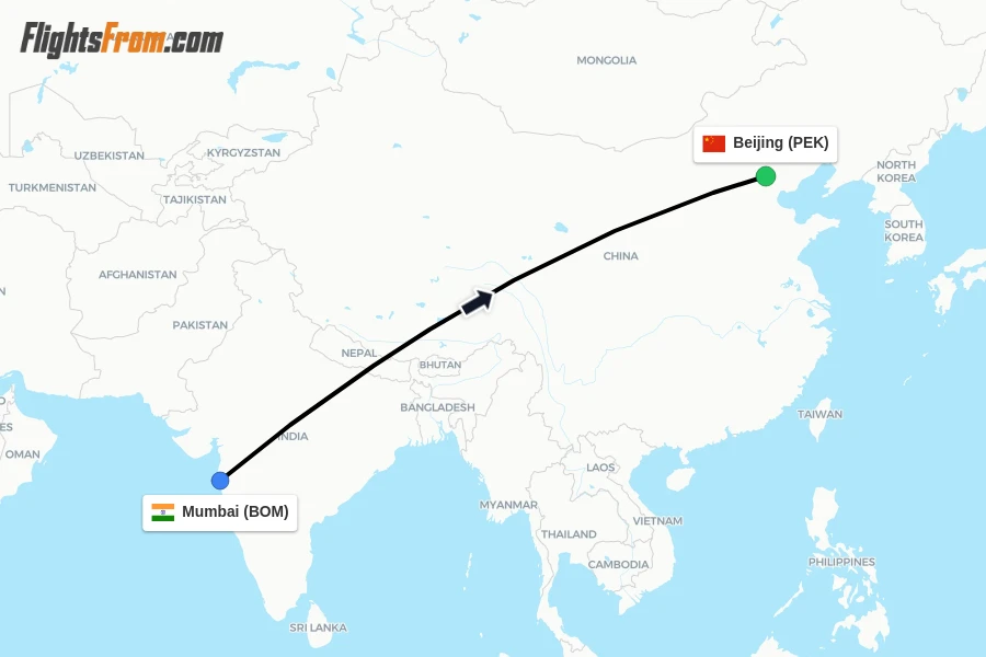 Flights from Mumbai to Beijing route map