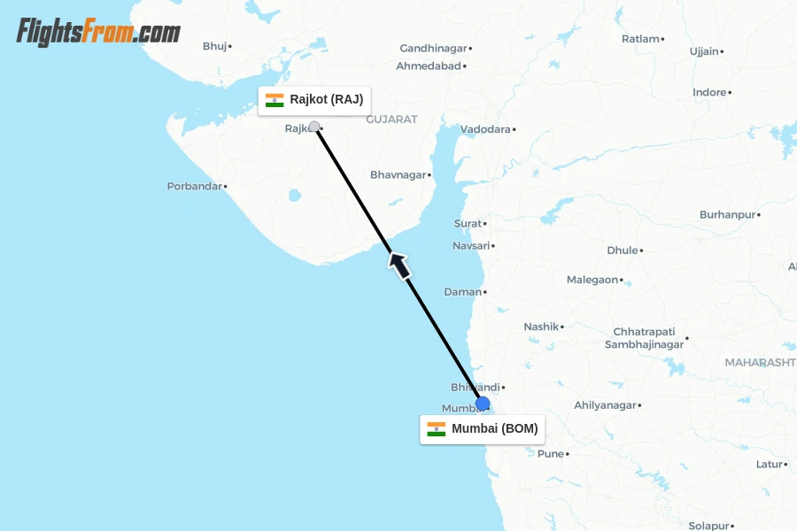 Flights from Mumbai to Rajkot route map