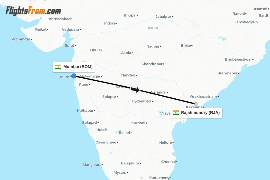 Flights from Mumbai to Rajahmundry route map