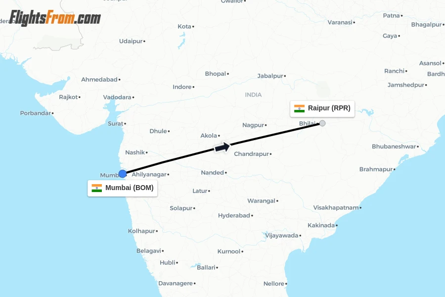 Flights from Mumbai to Raipur route map