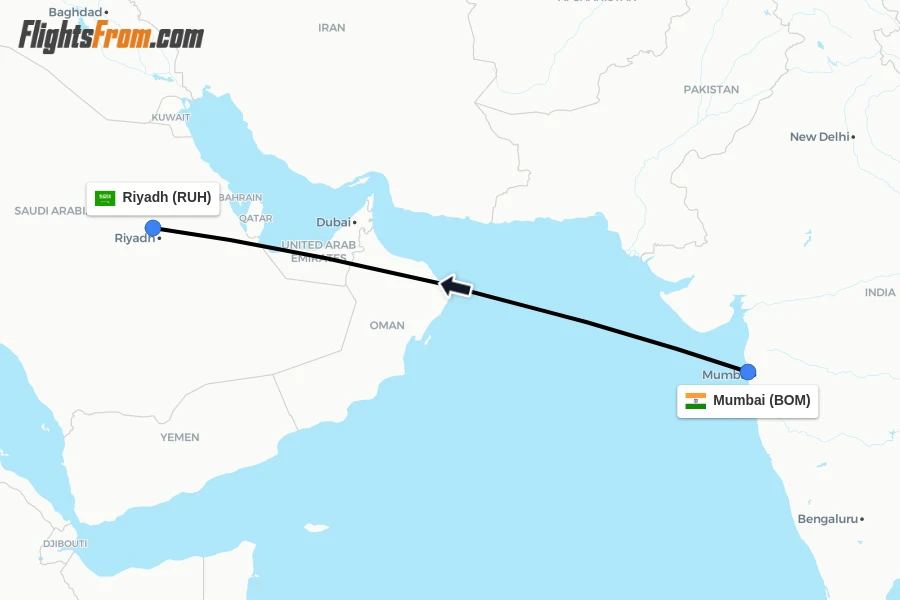 Flights from Mumbai to Riyadh route map
