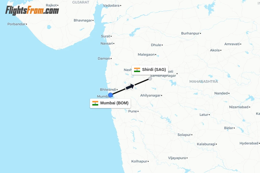 Flights from Mumbai to Shirdi route map