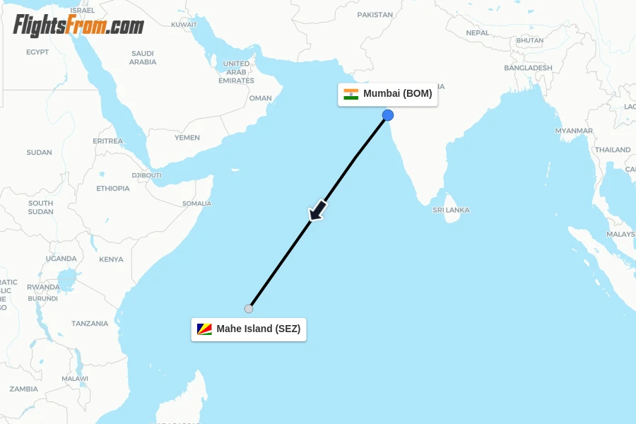 Flights from Mumbai to Mahe Island route map