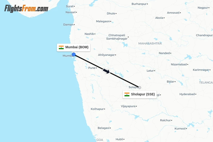 Flights from Mumbai to Sholapur route map