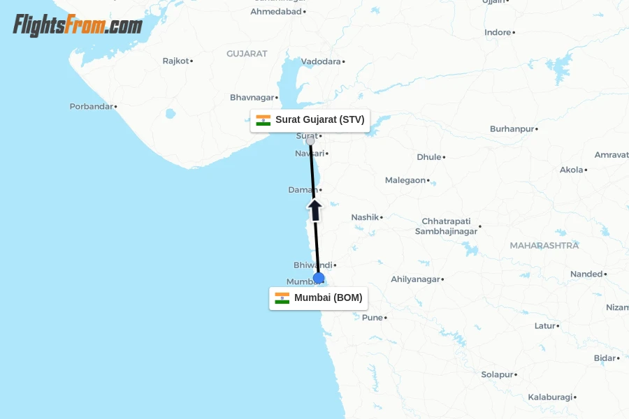 Flights from Mumbai to Surat Gujarat route map
